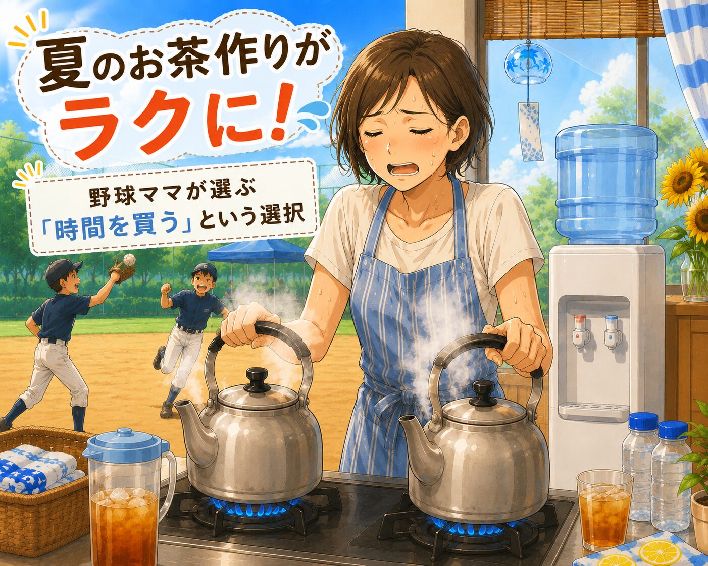 夏のお茶作りに悩む少年野球ママとウォーターサーバーのイラスト