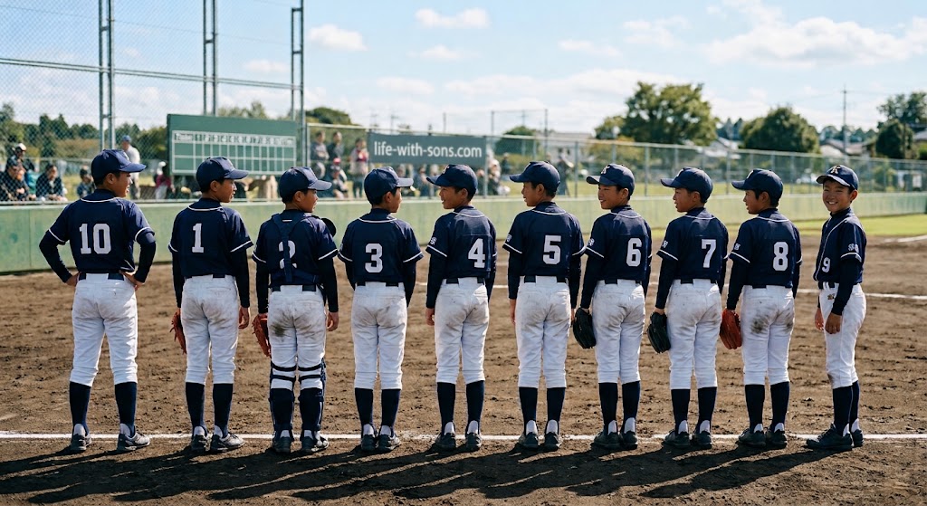 背番号順に並んでいる少年野球の子ども達